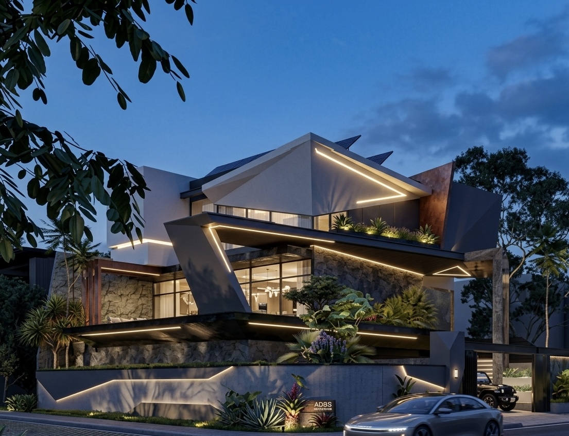Night-lit monolithic residence architecture in Chandigarh - VV House